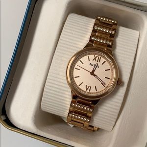 NWT Fossil Watch Rose Gold with Crystals + extra links